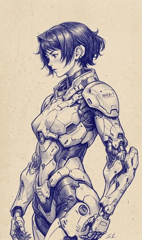 Shell concept art -- a synthetic body that reads as human, prosthetic skin over bone ceramic over metal frame. Armor and clothes are worn over the body.